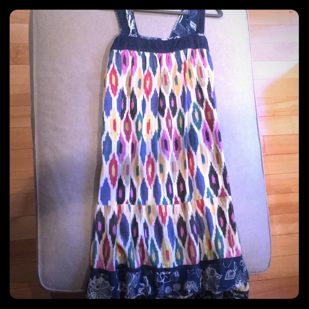 Warm printed dress with denim trim, size 1